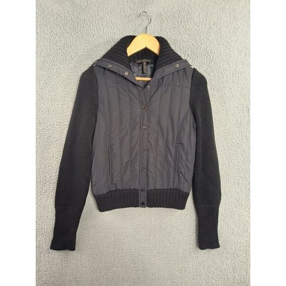 BCBGMaxAzria Womens Solid Black Collared Winter Puffer Sweater Jacket Sz XS - Picture 1 of 11